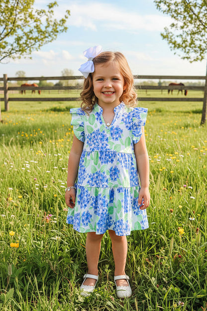 Kids clothing suppliers Green & blue floral printed flutter sleeves girls dress XCH03004