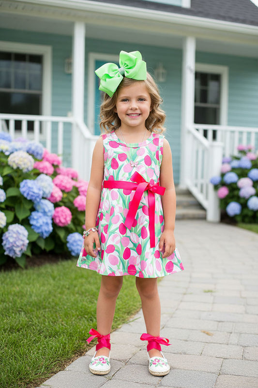 Girls dress supplier Floral prints sleeveless & pink belt toddler kids dress XCH03014