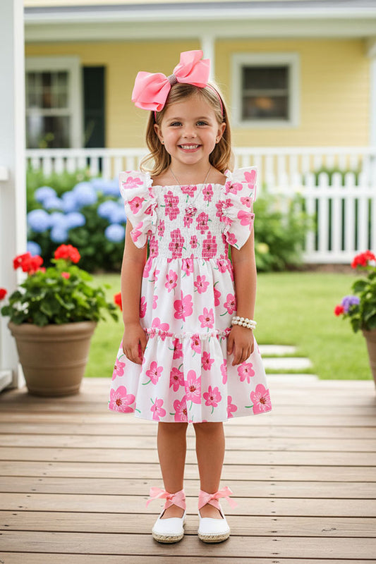 DLH2858 Pink flower printed light fabric summer girls swirl dress