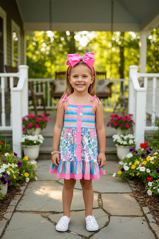 Girls dress wholesale Stripes & floral prints & sleeveless w/buttons XCH03022