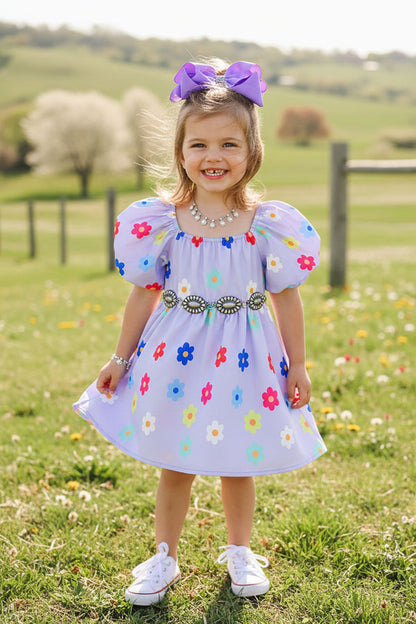 Girls dress wholesale Purple floral print puff short sleeve children's clothing store XCH03016