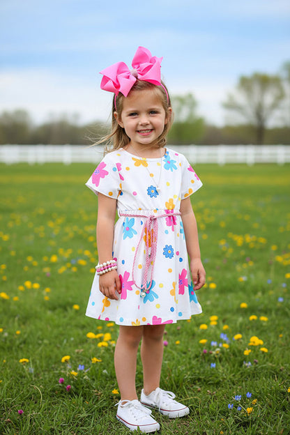 Wholesale girls dress suppliers Floral printed w/short sleeves and belt XCH07002