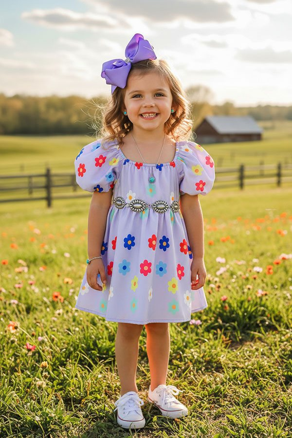 Girls dress wholesale Purple floral print puff short sleeve children's clothing store XCH03016