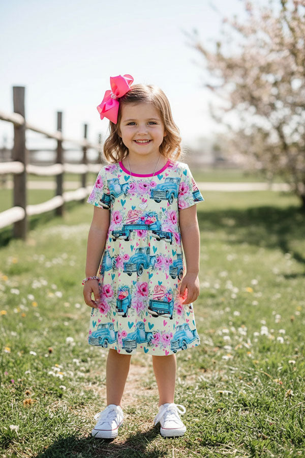 Truck, hearts, & flowers print swirl short sleeve girls dress w/side tied belt XCH0888-5H