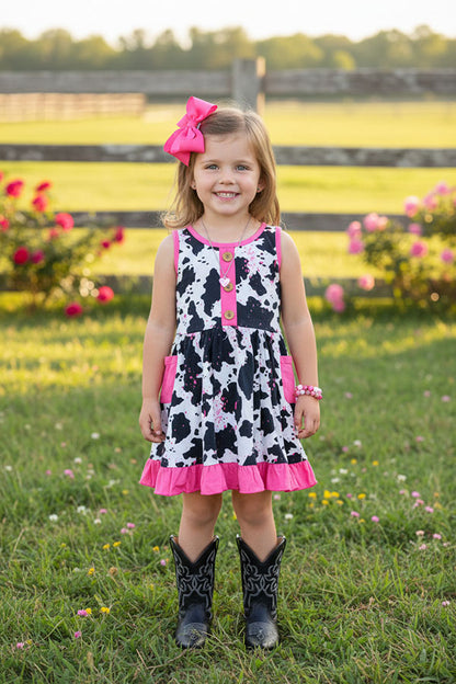 Shop Pink cow printed sleeveless girls dress w/pockets XCH0888-9H