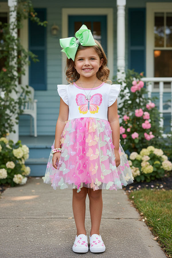 XCH03010 Butterfly printed & emboridery mesh flutter sleeve girls dress