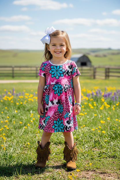 XCH0888-2H Turquoise jewel pink leopard printed girsl dress w/belt