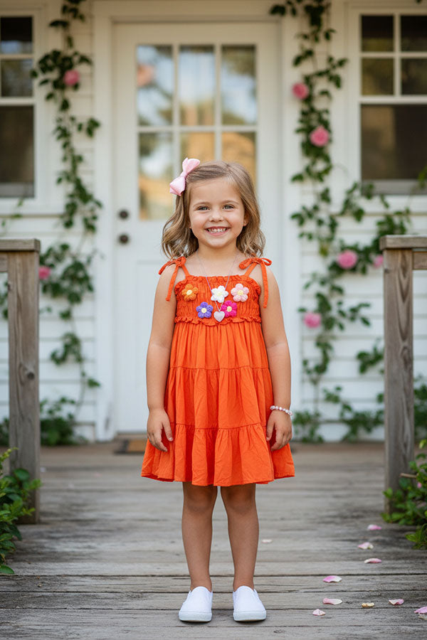 Wholesale knitted flower embroidery orange rayon girls dress DLH2884