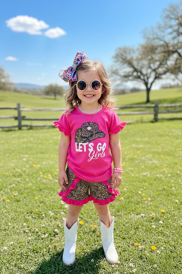"Let's go girls" cowgirls hats top & leopard ruffle shorts 2pc girls sets XCH0333-14H
