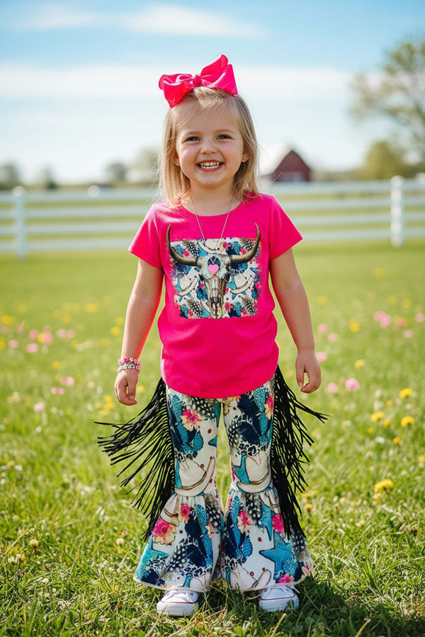 Hot pink bull skull printed top tessels bell bottom 2pc girls sets XCH0333-18H