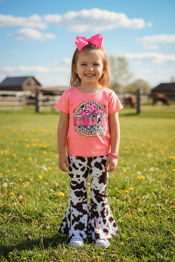 Western kids clothing "PUCKER UP COWBOY" top & cow printed girl set XCH0777-10H