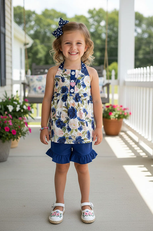 LC0018 Navy & cream floral halter top & ruffle shorts 2pc girls set