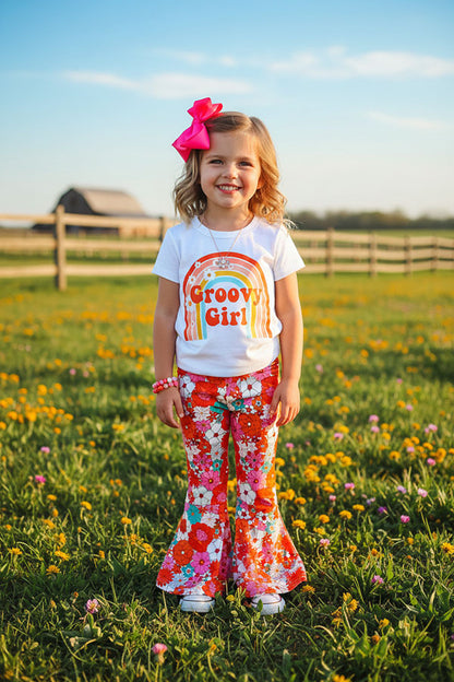 XCH0333-13H "Groovy Girl" top & floral bell bottom 2ps girls sets