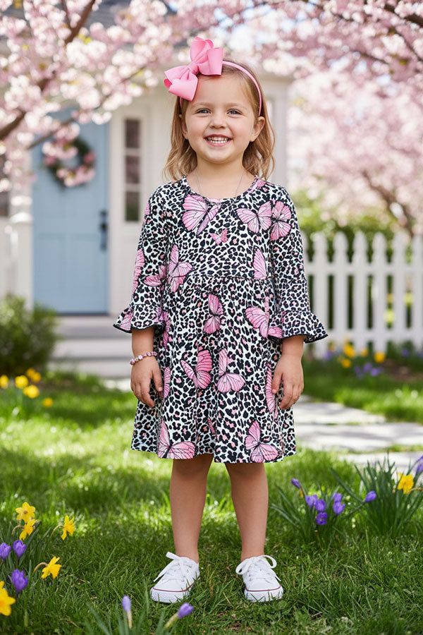 XCH0016-2H Butterflies & pink cheetah print girls dress