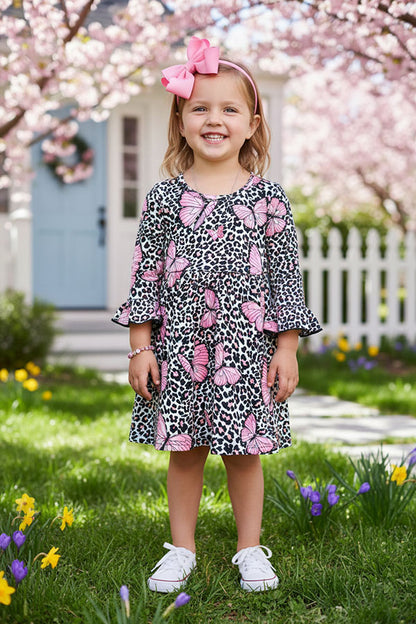 XCH0016-2H Butterflies & pink cheetah print girls dress