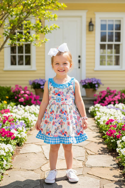 Floral printed & blue checkered girls dress w/side belt XCH0555-14