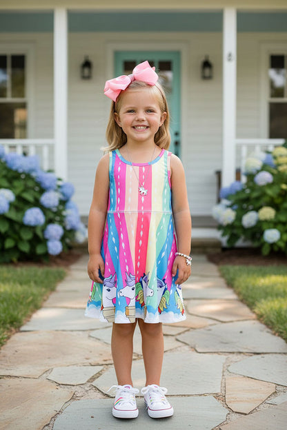 XCH03012 Multi color serape unicorn printed sleeveless girls swirl dress
