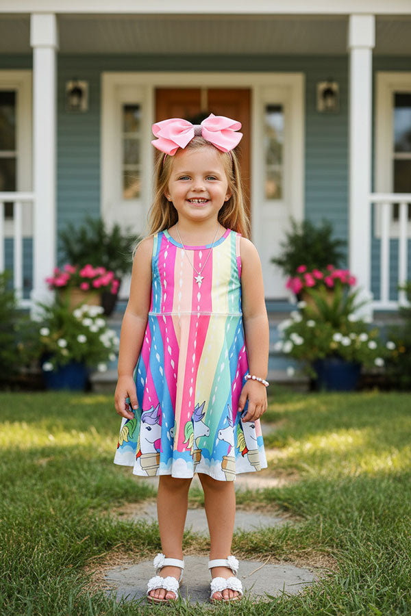 XCH03012 Multi color serape unicorn printed sleeveless girls swirl dress