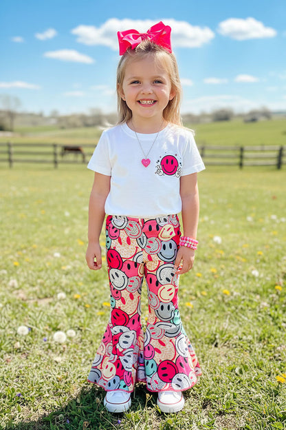 XCH0333-17H Smile face printed top & bell bottom girls sets