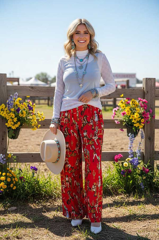 Southern Stitch Western cowboy printed wide leg women pant XCH16880