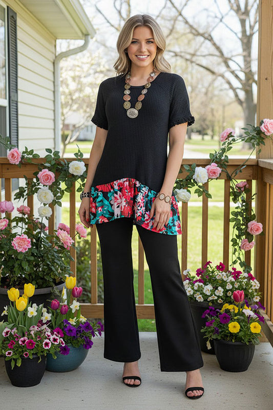 YMY9406 Black short sleeve women top w/floral printed ruffle