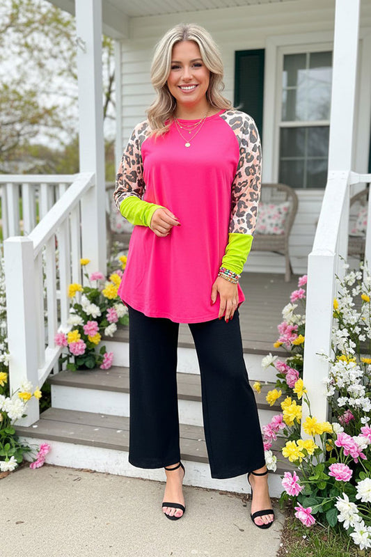 Hot pink & lime green & leopard color block long sleeve women top XCH14268