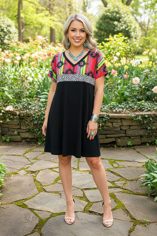 Aztec & leopard printed & black color block short sleeve women dresses XCH15544 AS12