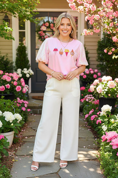Pink sequin puff short sleeves & ice cream patch women shirt DLH13632