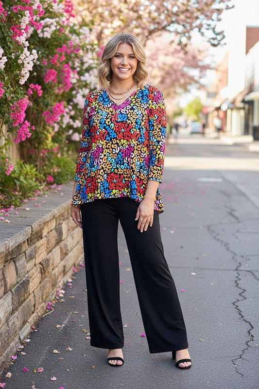 Leopard printed 3/4 sleeve top & black pant 2pcs women sets GJQ15718