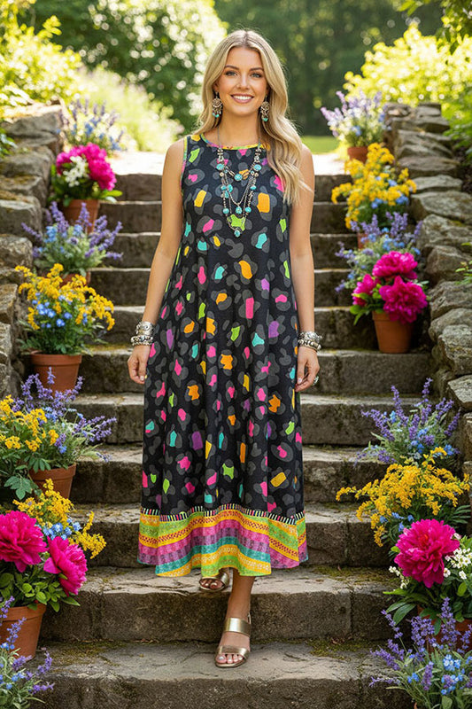 GJQ15301 Serape bottom & leopard printed sleeveless w/side pockets women dress