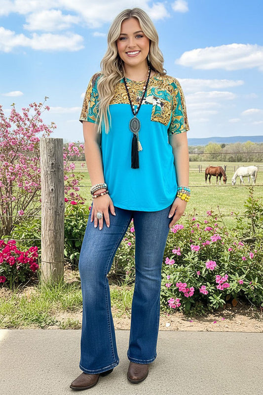 DLH10407 Turquoise Cow & Tooled printed short sleeve top w/front pocket