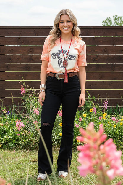 Orange cow printed short sleeve women t-shirt DLH12160