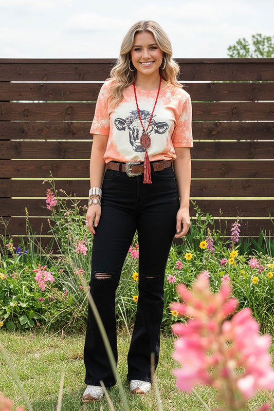 Orange cow printed short sleeve women t-shirt DLH12160