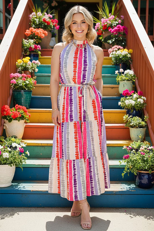 Wholesale multi color striped printed sleeveless halter maxi dress GJQ13495