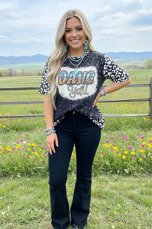 DLH14167 "DANG YA'LL" & leopard printed short sleeve women tops