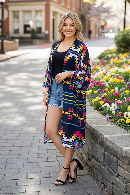 Women cardigan Aztec striped multi color printed 3/4 sleeves with slits side XCH14545