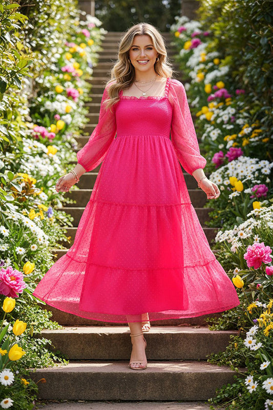 XCH15851 Fuchsia mesh gauze long sleeve women maxi dress