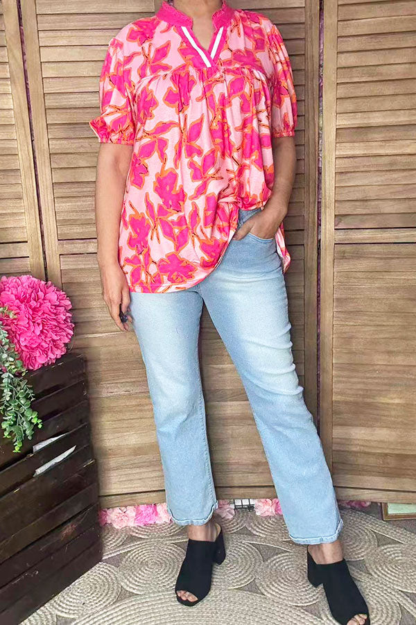Pink floral printed puff short sleeve baby doll women blouse GJQ16188
