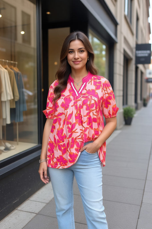 Pink floral printed puff short sleeve baby doll women blouse GJQ16188