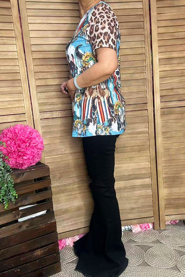 Plus size Bull skull & sunflower printed leopard short sleeve women tops XCH12468