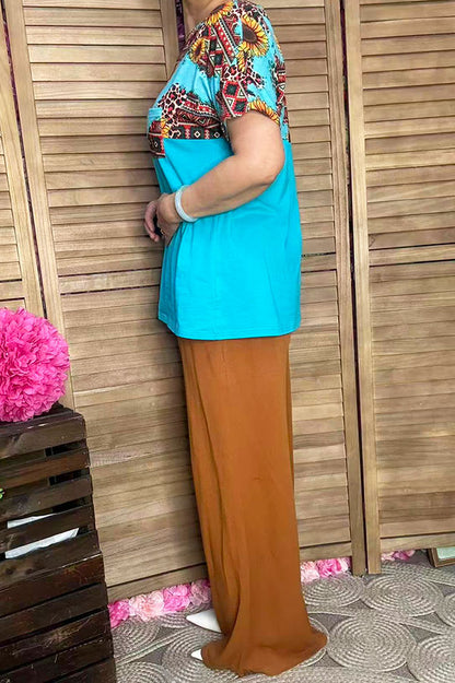 Sunflower & Aztec multi color printed Turquoise short sleeves women tops XCH12481