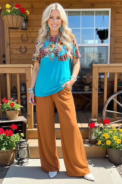 Sunflower & Aztec multi color printed Turquoise short sleeves women tops XCH12481
