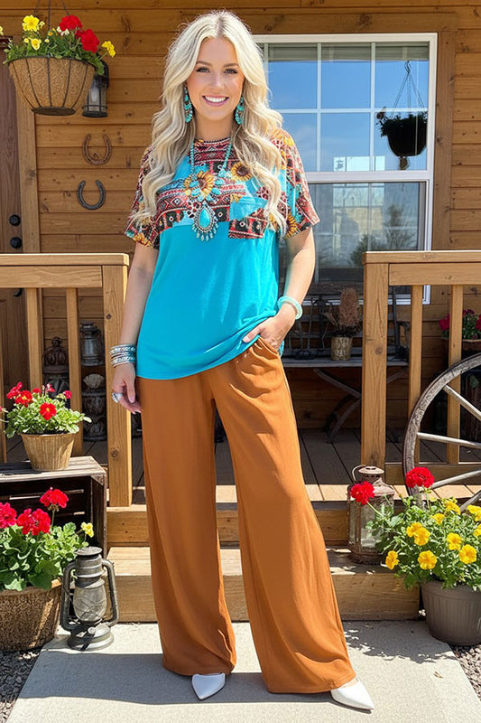 Sunflower & Aztec multi color printed Turquoise short sleeves women tops XCH12481