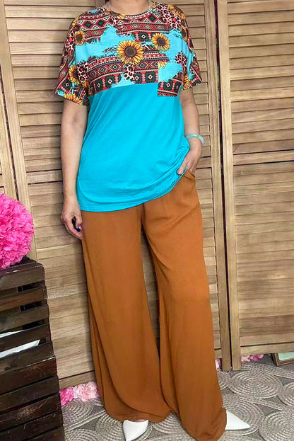 Sunflower & Aztec multi color printed Turquoise short sleeves women tops XCH12481