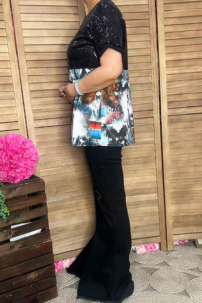 Sequin & western patterns short sleeves women tops BQ12208