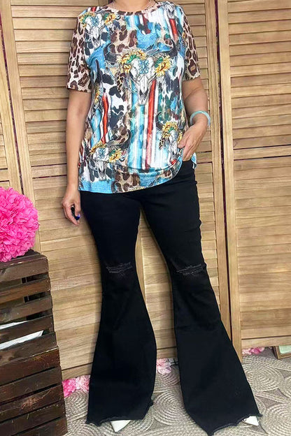 Plus size Bull skull & sunflower printed leopard short sleeve women tops XCH12468