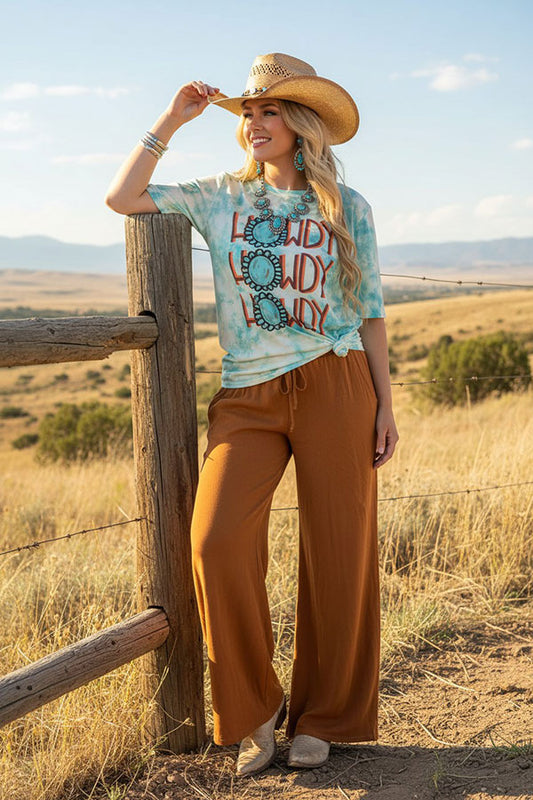 Howdy blue concho printed short sleeve women t-shirt DLH12158