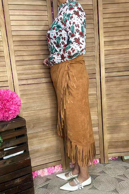 Plus size tan suede fringe tassel women skirt XCH13467S