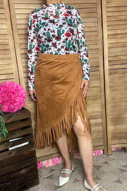 Plus size tan suede fringe tassel women skirt XCH13467S