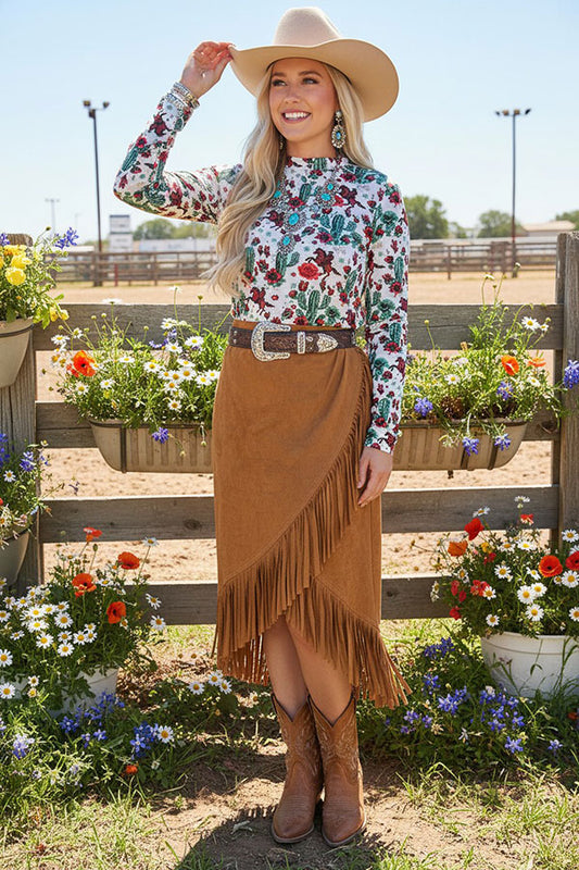 Plus size tan suede fringe tassel women skirt XCH13467S